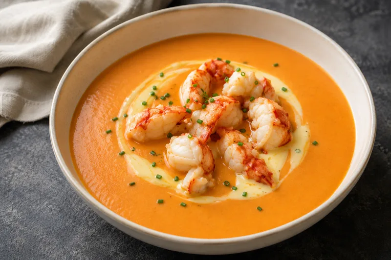 Lobster bisque topped with butter-warmed lobster, saffron cream and fresh chives