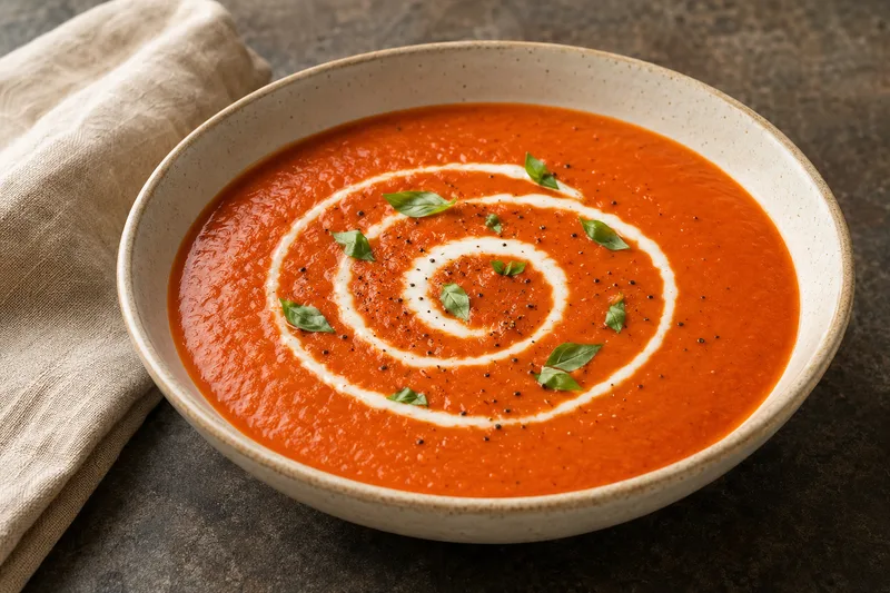 Silky roasted tomato and red pepper bisque garnished with cream, basil and olive oil