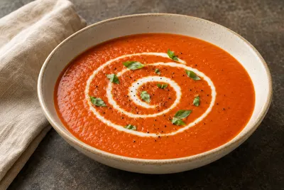 Silky roasted tomato and red pepper bisque garnished with cream, basil and olive oil