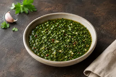 Rustic Argentine chimichurri with chopped parsley, oregano, garlic, red-wine vinegar and olive oil