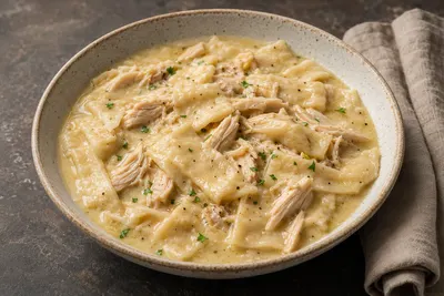 Southern chicken and flat rolled dumplings in rich velvety homemade chicken broth