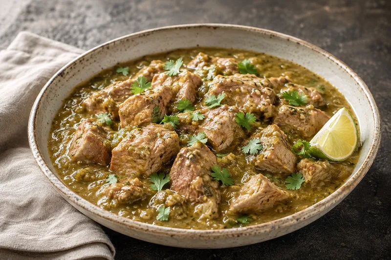 Tender chunks of pork in roasted tomatillo and green chile sauce with cilantro