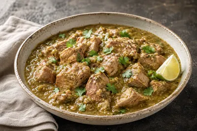 Tender chunks of pork in roasted tomatillo and green chile sauce with cilantro