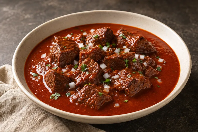 Tender beef chuck coated in a smooth brick-red guajillo and ancho chile sauce