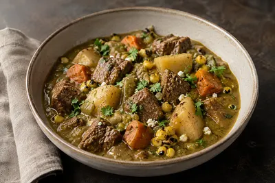 Southwestern beef stew with roasted green chile, potatoes, carrots and charred corn in velvety gravy